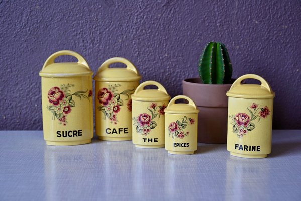 Bohemian French Spice Jars in Yellow Faience, Set of 5-AIU-1726269