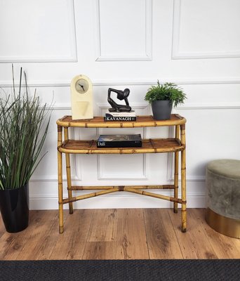 Bohemian Italian Bamboo Rattan Riviera Wall Console Table, 1960s-EUP-2023169