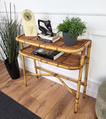 Bohemian Italian Bamboo Rattan Riviera Wall Console Table, 1960s-EUP-2023169