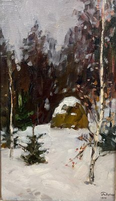 Boris Mikhailovich Lavrenko, Haystack in the Snow-Covered Forest, Oil Painting, 1972, Framed-QUE-1764955