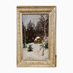 Boris Mikhailovich Lavrenko, Haystack in the Snow-Covered Forest, Oil Painting, 1972, Framed-QUE-1764955