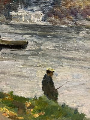 Boris Mikhailovich Lavrenko, On the River Bank, A Fisherman, 1980s, Oil on Canvas, Framed-QUE-1145487