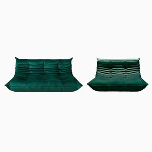 Bottle Green Velvet Togo 2- and 3-Seat Sofa by Michel Ducaroy for Ligne Roset, Set of 2-IXA-1404792