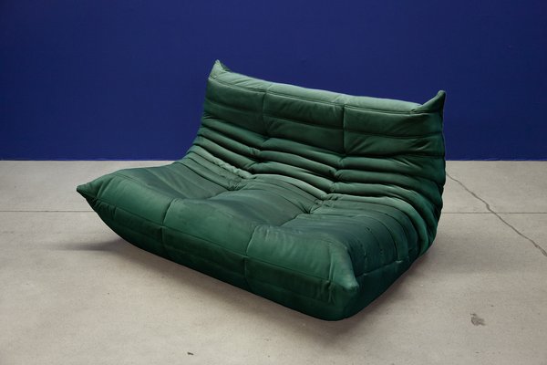 Bottle Green Velvet Togo Living Room by Michel Ducaroy for Ligne Roset, Set of 5-IXA-1145153