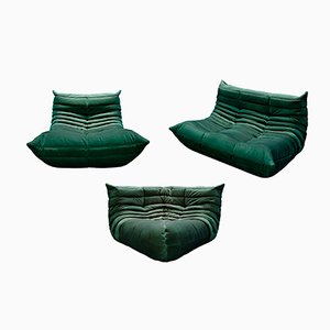 Bottle Green Velvet Togo Lounge Chair, Corner Chair and 2-Seat Sofa by Michel Ducaroy for Ligne Roset, Set of 3-IXA-1455479