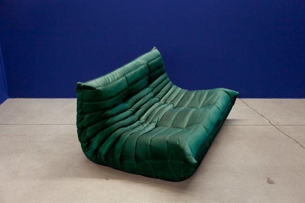 Bottle Green Velvet Togo Pouf and 2-Seat Sofa by Michel Ducaroy for Ligne Roset, Set of 2-IXA-1351199