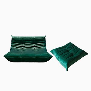 Bottle Green Velvet Togo Pouf and 2-Seat Sofa by Michel Ducaroy for Ligne Roset, Set of 2-IXA-1351199