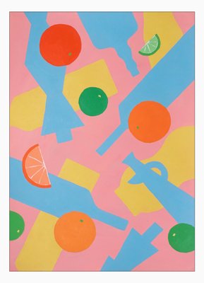 Bottles and Falling Citrus Fruits, Pink, Yellow and Blue Silhouette Patterns-RWC-1787278