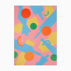 Bottles and Falling Citrus Fruits, Pink, Yellow and Blue Silhouette Patterns-RWC-1787278