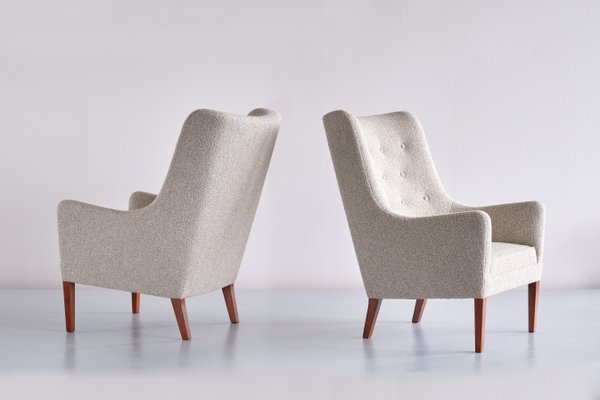 Bouclé & Mahogany High Back Armchairs by Jacob Kjær, Denmark, 1940s, Set of 2-FMT-1141571