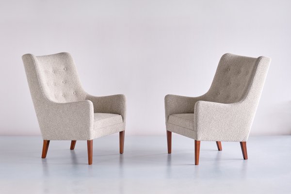 Bouclé & Mahogany High Back Armchairs by Jacob Kjær, Denmark, 1940s, Set of 2-FMT-1141571