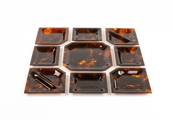 Bowl Centerpiece Trays in Tortoiseshell Acrylic Glass, Italy, 1970s, Set of 9-LYQ-2020940