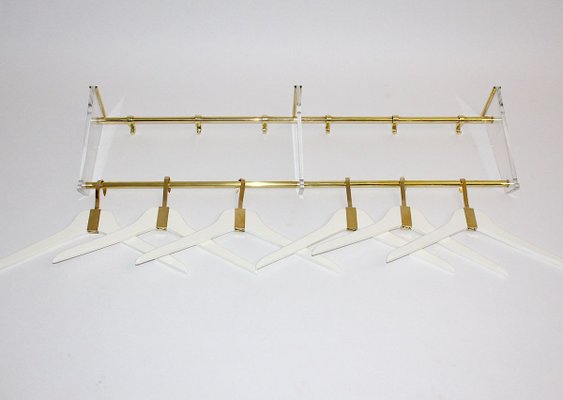 Brass Acrylic Glass Beechwood Gold White Coat Rack with 6 Cloth Hangers, 1950s-NB-852952