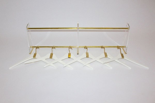 Brass Acrylic Glass Beechwood Gold White Coat Rack with 6 Cloth Hangers, 1950s-NB-852952