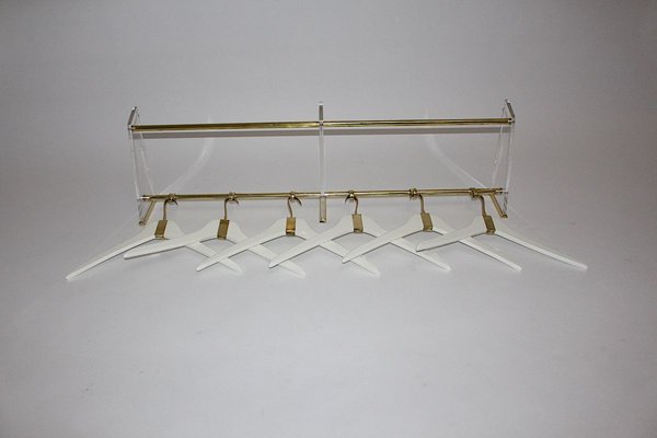 Brass Acrylic Glass Beechwood Gold White Coat Rack with 6 Cloth Hangers, 1950s-NB-852952