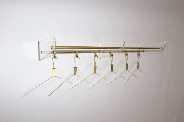 Brass Acrylic Glass Beechwood Gold White Coat Rack with 6 Cloth Hangers, 1950s-NB-852952