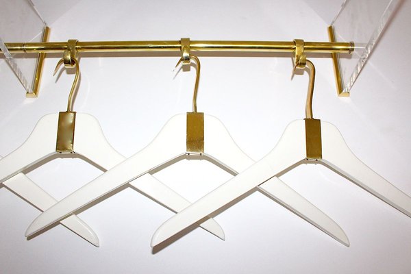 Brass Acrylic Glass Beechwood Gold White Coat Rack with 6 Cloth Hangers, 1950s-NB-852952