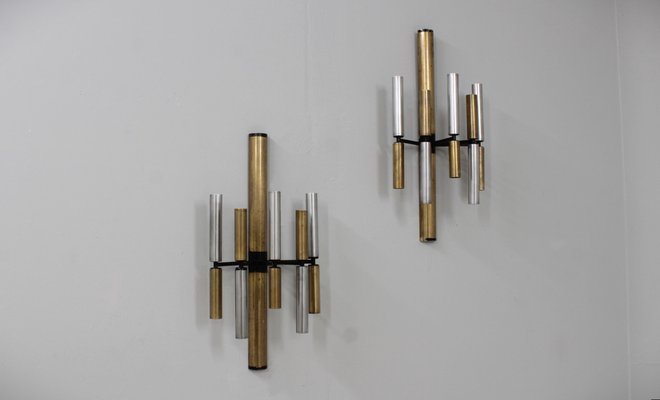 Brass and Aluminun Tubes Sconces from Stilnovo, 1950s, Set of 2-ZQ-1312959