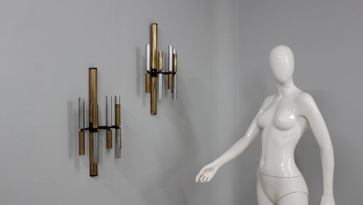 Brass and Aluminun Tubes Sconces from Stilnovo, 1950s, Set of 2-ZQ-1312959