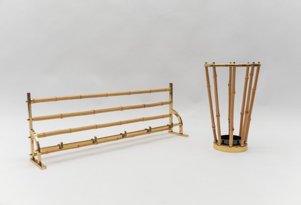 Brass and Bamboo Coat Rack and Umbrella Stand, Italy, 1950s, Set of 2-KQB-1765845