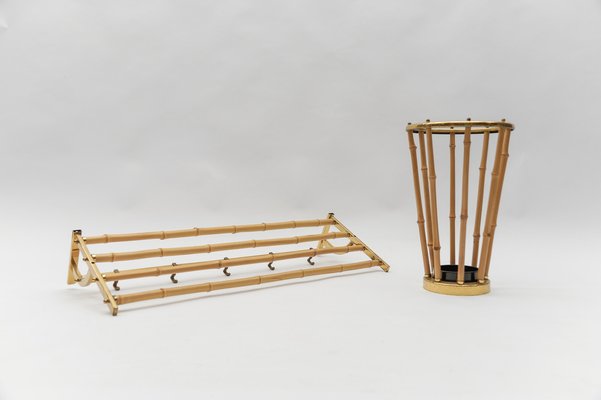 Brass and Bamboo Coat Rack and Umbrella Stand, Italy, 1950s, Set of 2-KQB-1765845