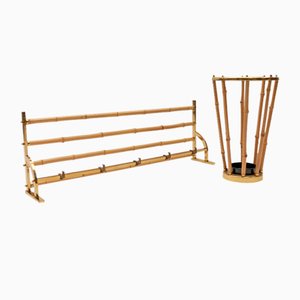 Brass and Bamboo Coat Rack and Umbrella Stand, Italy, 1950s, Set of 2-KQB-1765845