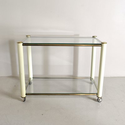 Brass and Beige Lacquered Metal Drinks Trolley with 2 Glass Shelves in the Style of Tommaso Barbi, 1970s-JQO-956535