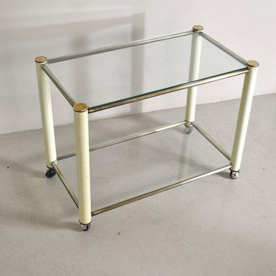 Brass and Beige Lacquered Metal Drinks Trolley with 2 Glass Shelves in the Style of Tommaso Barbi, 1970s-JQO-956535