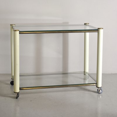 Brass and Beige Lacquered Metal Drinks Trolley with 2 Glass Shelves in the Style of Tommaso Barbi, 1970s-JQO-956535