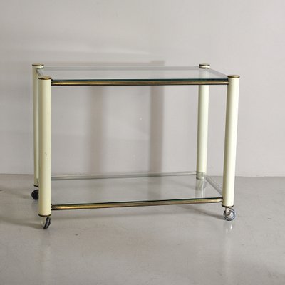 Brass and Beige Lacquered Metal Drinks Trolley with 2 Glass Shelves in the Style of Tommaso Barbi, 1970s-JQO-956535