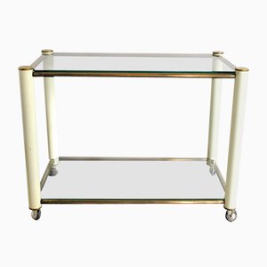 Brass and Beige Lacquered Metal Drinks Trolley with 2 Glass Shelves in the Style of Tommaso Barbi, 1970s-JQO-956535