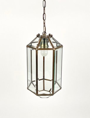 Brass and Beveled Glass Pendant Lantern in the Style of Adolf Loos, Italy, 1950s-LYQ-1375349