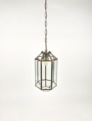 Brass and Beveled Glass Pendant Lantern in the Style of Adolf Loos, Italy, 1950s-LYQ-1375349