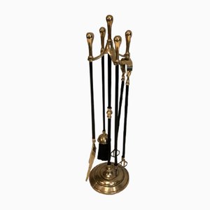 Brass and Black Lacquered Fireplace Tools on Stand, France, 1970s-BA-873987