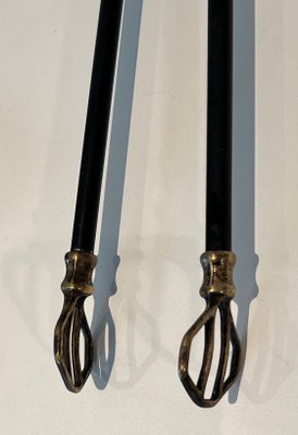 Brass and Black Lacquered Metal Fire Tools with Stand, 1970s, Set of 5-BA-1784743