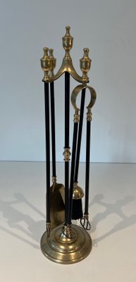 Brass and Black Lacquered Metal Fire Tools with Stand, 1970s, Set of 5-BA-1784743