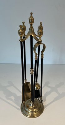 Brass and Black Lacquered Metal Fire Tools with Stand, 1970s, Set of 5-BA-1784743