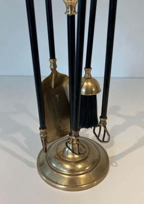 Brass and Black Lacquered Metal Fire Tools with Stand, 1970s, Set of 5-BA-1784743