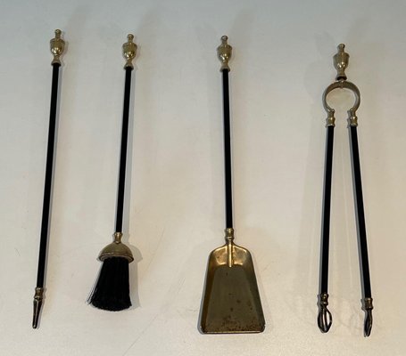 Brass and Black Lacquered Metal Fire Tools with Stand, 1970s, Set of 5-BA-1784743