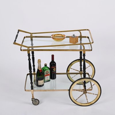 Brass and Black Lacquered Wood Bar Cart attributed to Cesare Lacca, Italy, 1950s-JDR-1419236