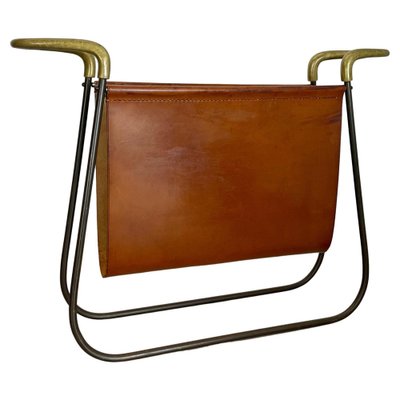 Brass and Brown Leather Magazine Holder by Carl Auböck, 1950s-QZ-1743366