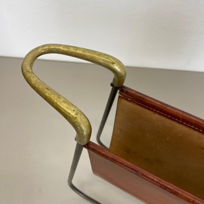 Brass and Brown Leather Magazine Holder by Carl Auböck, 1950s-QZ-1743366