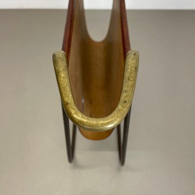 Brass and Brown Leather Magazine Holder by Carl Auböck, 1950s-QZ-1743366