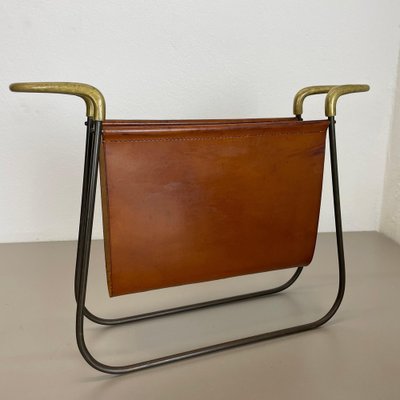 Brass and Brown Leather Magazine Holder by Carl Auböck, 1950s-QZ-1743366