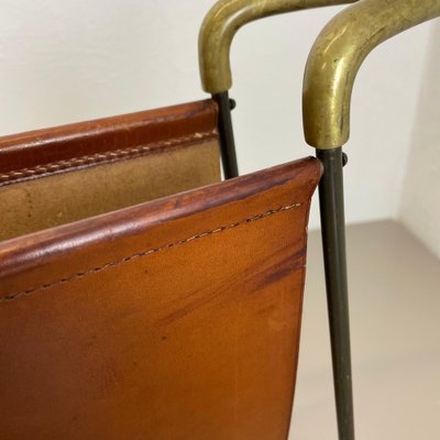 Brass and Brown Leather Magazine Holder by Carl Auböck, 1950s-QZ-1743366