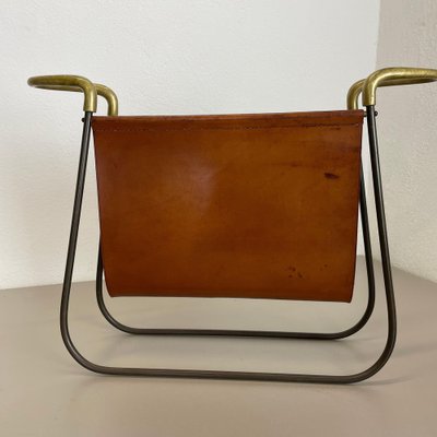 Brass and Brown Leather Magazine Holder by Carl Auböck, 1950s-QZ-1743366