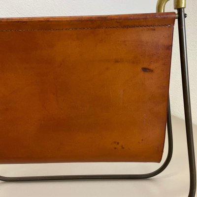 Brass and Brown Leather Magazine Holder by Carl Auböck, 1950s-QZ-1743366