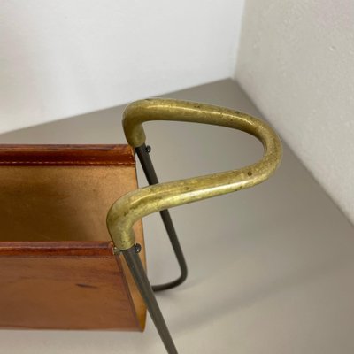 Brass and Brown Leather Magazine Holder by Carl Auböck, 1950s-QZ-1743366