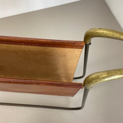 Brass and Brown Leather Magazine Holder by Carl Auböck, 1950s-QZ-1743366