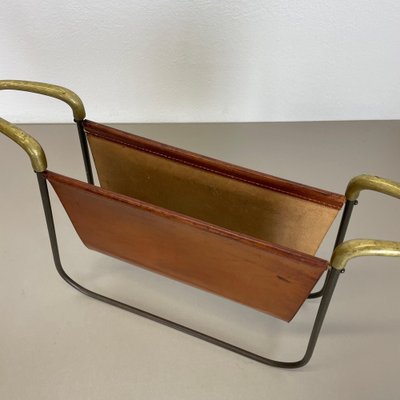 Brass and Brown Leather Magazine Holder by Carl Auböck, 1950s-QZ-1743366